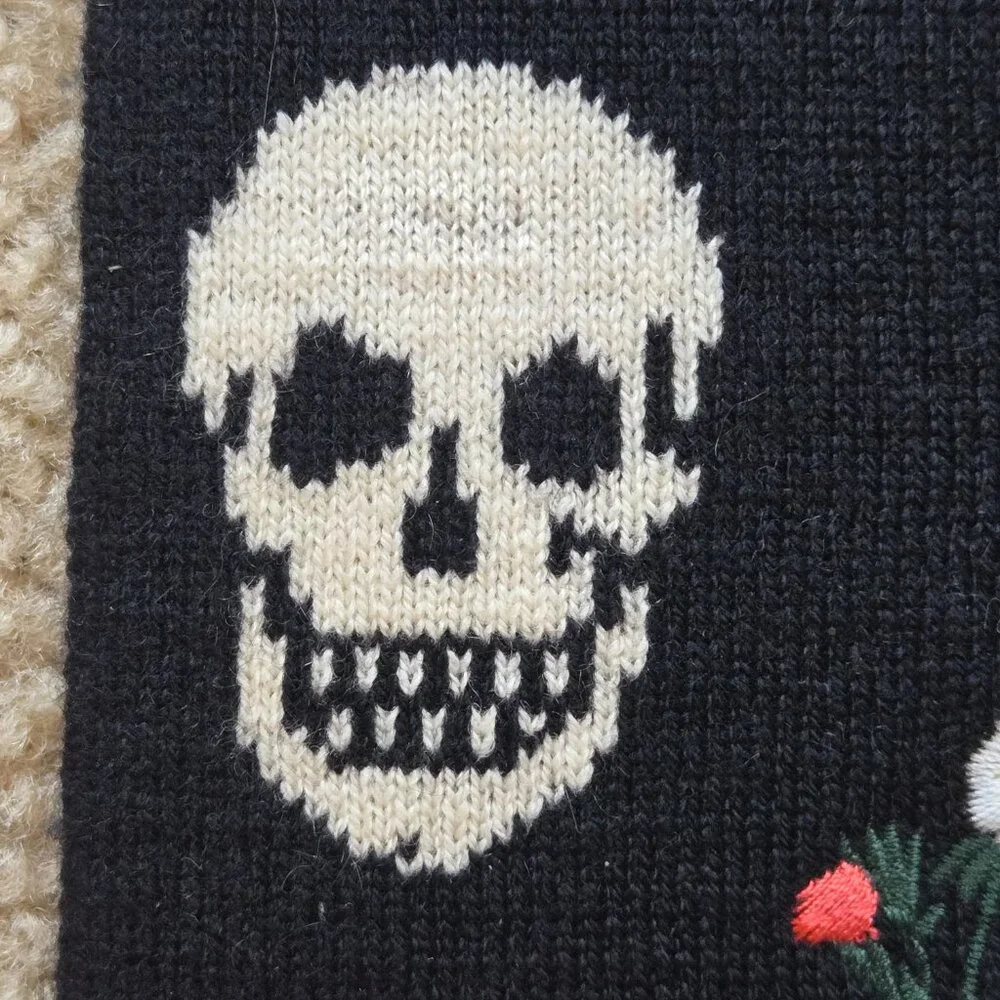 Skull Cashmere Embroidered Wool/Cashmere Scarf Skulls and Flowers